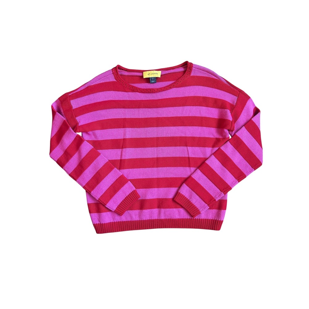 St. John Pink Red Striped Wool Blend‎ Crewneck Sweater Small Relaxed Fit